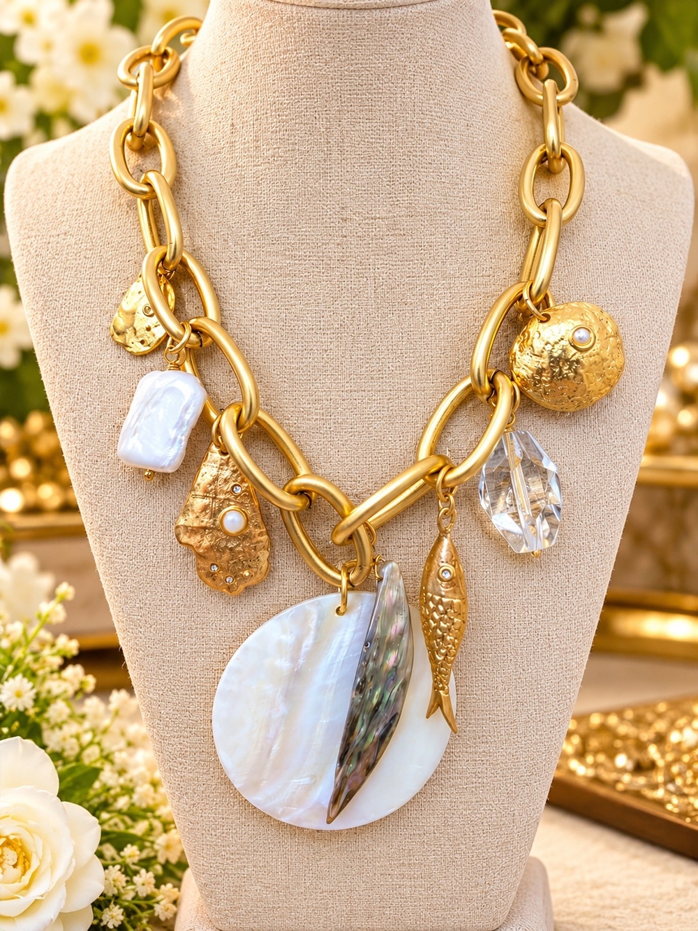 Gold-Tone Shell Charm Necklace with Crystal Accents - Women Jewelry
